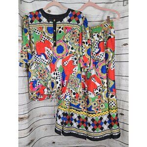Diane Freis Skirt Set Georgette Colorful Vintage 80's Slits Womens 2 Pc